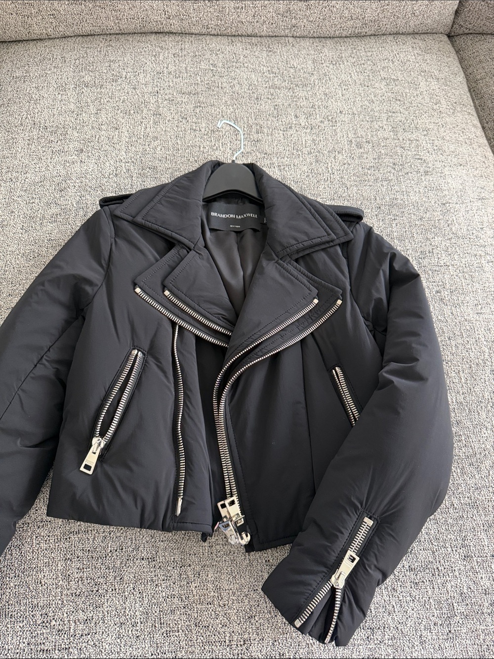 Brandon Maxwell Black Quilted Bomber Moto Jacket with Silver Hardware